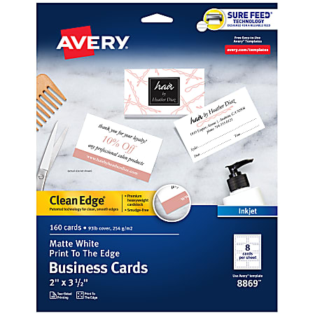 Avery® Clean Edge® Printable Print-To-The_Edge Business Cards With Sure Feed® Technology, 2" x 3.5", White, 160 Blank Cards