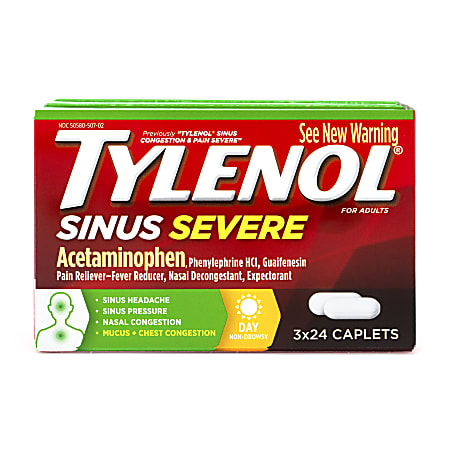 Tylenol Sinus Severe Acetaminophen Daytime Caplets, Cool Burst Flavor, 24 Caplets Per Box, Pack Of 3 Boxes