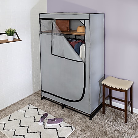 Honey Can Do Portable Wardrobe Closet With Cover And Shelf, 69”H x 18”W x 46”D, Gray