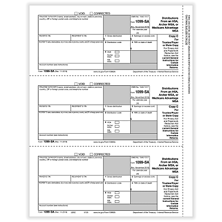 ComplyRight™ 1099-SA Tax Forms, 3-Up, Payer Copy C And/or State Copy, Laser, 8-1/2" x 11", Pack Of 150 Forms