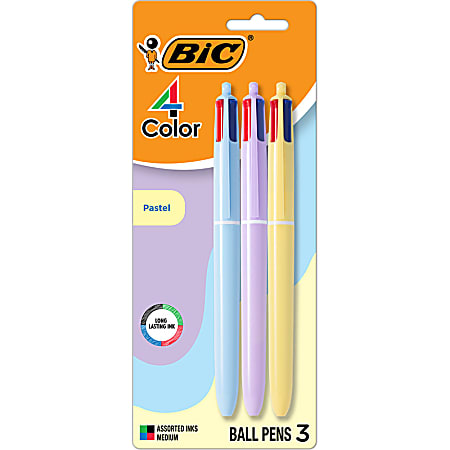 BIC 4-Color Retractable Ball Point Pen, Medium 1.0MM Point, Assorted Pastel Barrels, Assorted Ink Pack Of 3