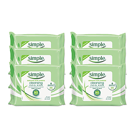 Simple Cleansing Facial Wipes, 7-1/2" x 7", 25 Wipes Per Pouch, Pack Of 6 Pouches