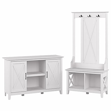 Bush® Furniture Key West 47"W Entryway Storage Set With Hall Tree, Shoe Bench And 2-Door Cabinet, Pure White Oak, Standard Delivery