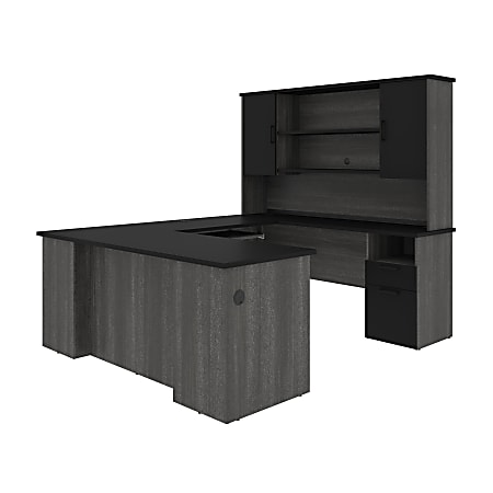 Bestar Norma 71"W U- Or L-Shaped Executive Corner Desk With Hutch, Black/Bark Gray