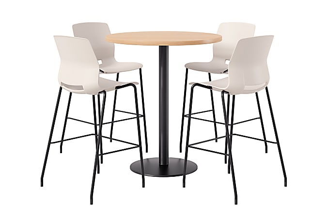 KFI Studios Proof Bistro Round Pedestal Table With Imme Barstools, 4 Barstools, 42", Maple/Black/Moonbeam Stools