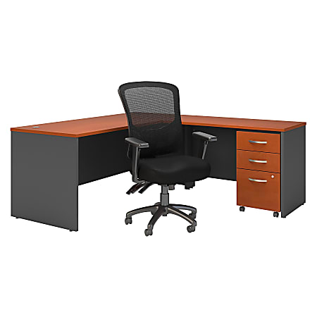 Bush Business Furniture Components 72"W L-Shaped Desk With Mobile File Cabinet And High-Back Multifunction Office Chair, Auburn Maple/Graphite Gray, Standard Delivery