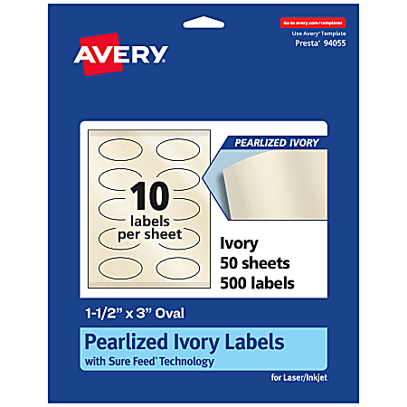 Avery® Pearlized Permanent Labels With Sure Feed®, 94055-PIP50, Oval, 1-1/2" x 3", Ivory, Pack Of 500 Labels