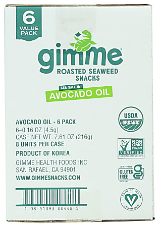 Gimme Roasted Organic Seaweed Snacks, Sea Salt Avocado Oil, 0.16 Oz, Total Qty 48