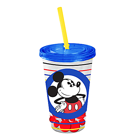 Plastic Cold Cup With Shaped Ice Cubes, 16 Oz, Disney Mickey Mouse Circle Stripes