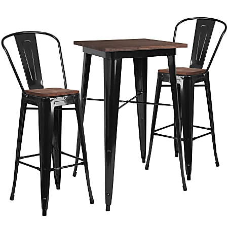Flash Furniture Square Metal/Wood Bar Table With 2 Stools, 42"H x 26"W x 26"D, Black