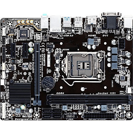 Gigabyte Ultra Durable GA-H110M-S2H GSM Desktop Motherboard - Intel Chipset - Socket H4 LGA-1151 - Micro ATX - 32 GB DDR4 SDRAM Maximum RAM - DIMM, UDIMM - 2 x Memory Slots - Gigabit Ethernet - HDMI - 4 x SATA Interfaces