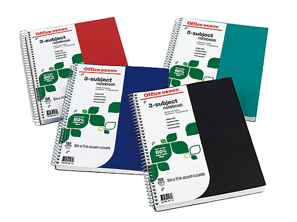 Office Depot® Brand FSC Certified Notebook, 9" x 11", 3 Subject, College Ruled, 150 Sheets, Assorted Colors (No Color Choice)