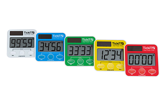 Learning Advantage Dual Power Timers, 2-9/16"H x 2-9/16"W x 1/2"D, Assorted Colors, Pack Of 5 Timers 