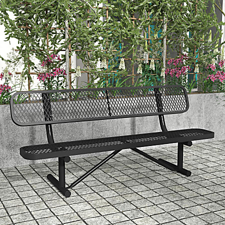 Flash Furniture Sigrid Outdoor Bench with Backrest, Commercial Grade Expanded Metal Mesh Seat and Backrest and Steel Frame with Ground Anchors, Black