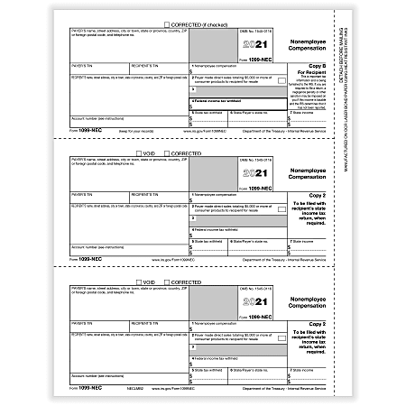 ComplyRight™ 1099-NEC Tax Forms, 3-Part, 3-Up, Recipient Copies B/2, Laser, 8-1/2" x 11", Pack Of 150 Forms