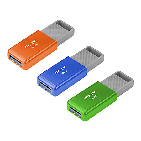 PNY USB 2.0 Flash Drives, 32GB, Assorted Colors, Pack Of 3 Drives