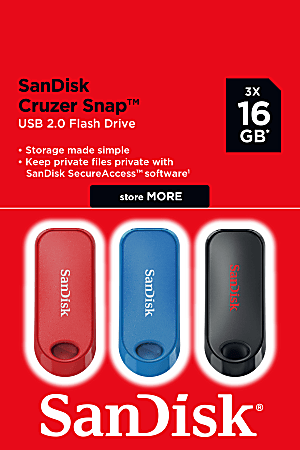 SanDisk® Cruzer® Snap USB Flash Drives, 16GB, Assorted Colors, Pack Of 3 Drives, SDCZ62-016G-A46T