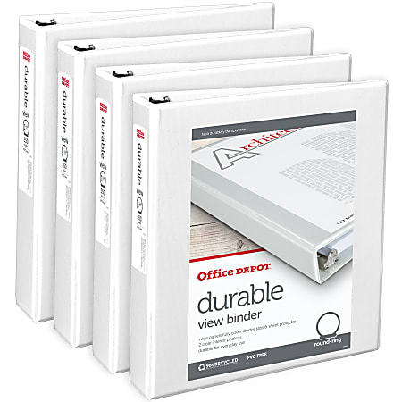 Office Depot® Brand Durable View 3-Ring Binder, 1 1/2" Round Rings, White, Pack Of 4