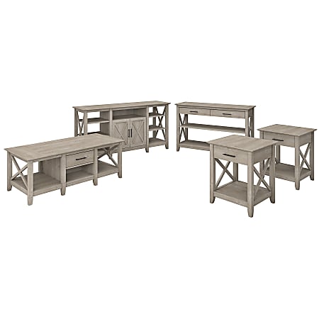 Bush Furniture Key West Tall TV Stand With Coffee Table, Console Table And Set Of 2 End Tables, Washed Gray, Standard Delivery