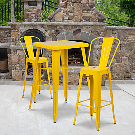 Flash Furniture Square Metal Bar Table Set With 2 Stools, 40"H x 27-3/4"W x 27-3/4"D, Yellow