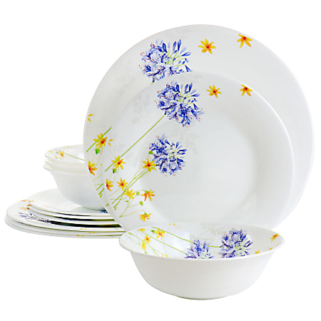 Gibson Ultra Violet Floral 12-Piece Tempered Opal Glass Dinnerware Set, Yellow
