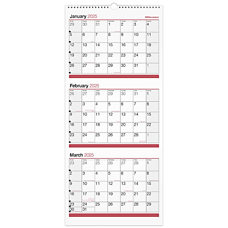 2025 Office Depot 3-Month Monthly Wall Calendar, 12" x 27", Traditional, January 2025 To December 2025, OD303028