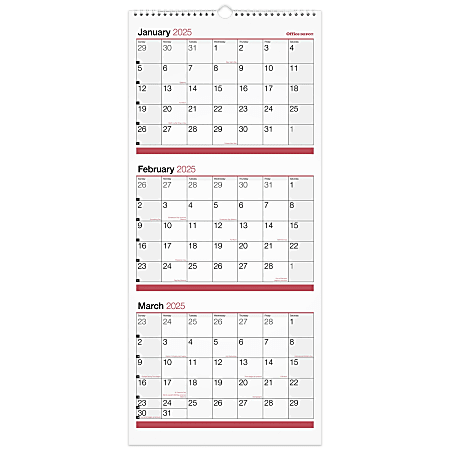 2025 Office Depot 3 Month Monthly Wall Calendar 12 quot x 27 quot Traditional
