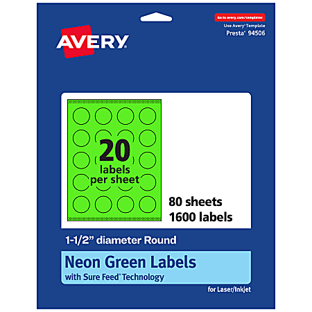 Avery® Print-To-The-Edge Labels With Sure Feed® Technology, 94506-NGP80, Round, 1-1/2", Matte Neon Green, Pack of 1600