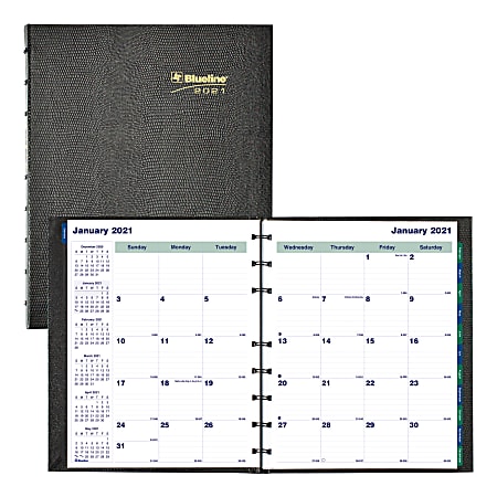 Blueline® Miraclebind CoilPro 17-month, monthly planner, August 2020 to December 2021. Black hard lizard-like cover with twin-wire binding, 9-1/4 x 7-1/4, 50% reclycled paper, FSC® Certified, Including 30 note pages