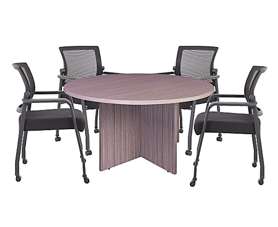Boss Office Products 42 Round Table And Mesh Guest Chairs With Casters Set Driftwood Black