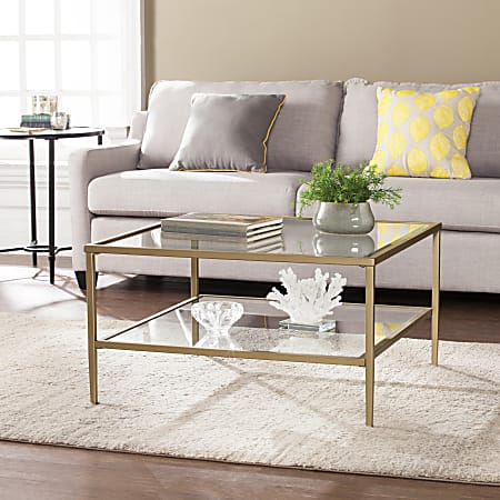 SEI Furniture Keller Square Metal/Glass Open-Shelf Cocktail Table, Rectangular, Clear/Gold