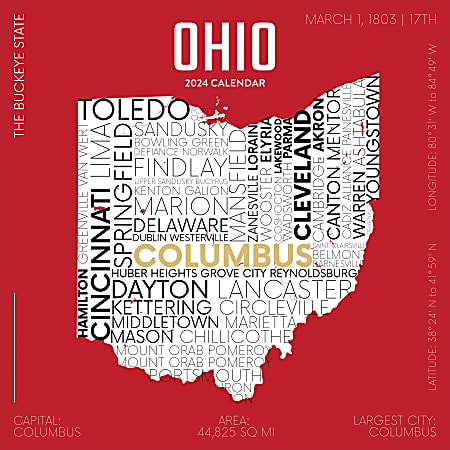 2024 TF Publishing Home Wall Calendar, 12" x 12", Ohio, January To December