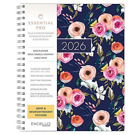 2026 Excello Brands Essential PRO Daily/Weekly/Monthly Planner, 8.5" x 11", Small Navy Floral November 2025 - December 2026, (ESPRO-CY26-8511-84)