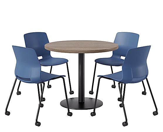 KFI Studios Proof Cafe Round Pedestal Table With Imme Caster Chairs, Includes 4 Chairs, 29”H x 36”W x 36”D, Studio Teak Top/Black Base/Navy Chairs