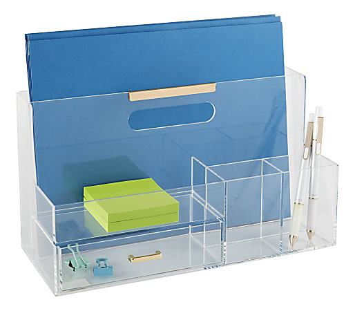 Realspace® Vayla Acrylic Desk Caddy With Drawer, 6-7/8”H x 12-1/2”W x 5-3/8”D, Clear/Gold