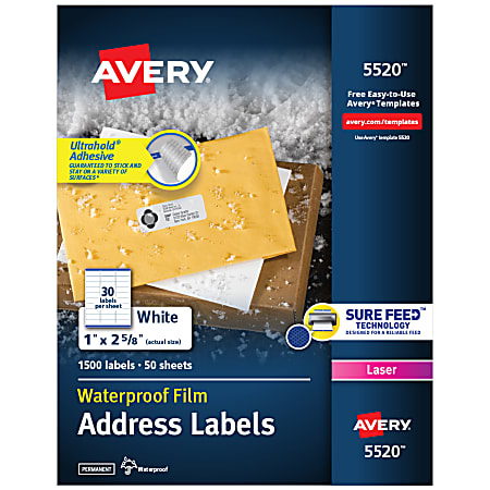 Avery® Waterproof Address Labels With Ultrahold®, 5520, Rectangle, 1" x 2-5/8", White, 1,500 Labels For Laser Printers