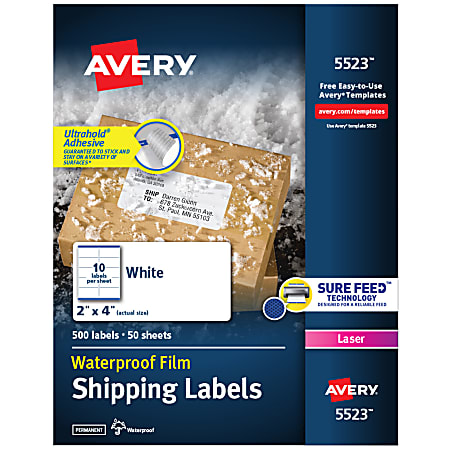 Avery® Waterproof Labels With Ultrahold®, 05523, Rectanlge, 2" x 4", White, 500 Labels For Laser Printers