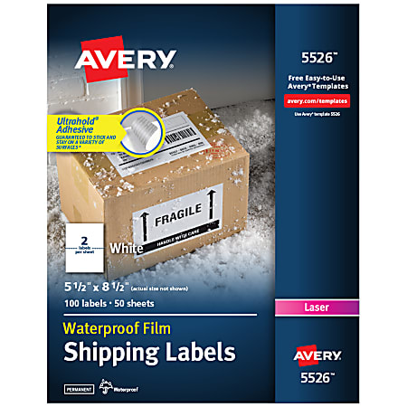 Avery® Waterproof Shipping Labels With Ultrahold®, 5526, Rectangle, 5-1/2" x 8-1/2", White, 100 Labels For Laser Printers