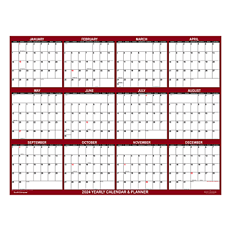 2024 SwiftGlimpse Jumbo Wet/Dry-Erase Laminated Monthly Wall Calendar, 54" x 36", Maroon
