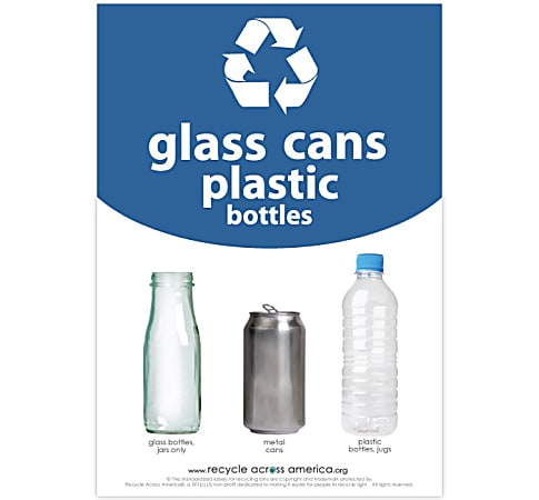 Recycle Across America Glass, GCP-1007, Cans And Plastics Standardized Recycling Label, 10" x 7", Blue