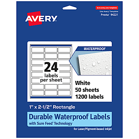 Avery® Waterproof Permanent Labels With Sure Feed®, 94221-WMF50, Rectangle, 1" x 2-1/2", White, Pack Of 1,200