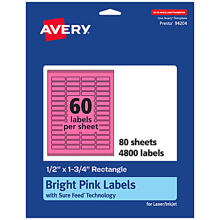 Avery® Print-To-The-Edge Labels With Sure Feed® Technology And Easy Peel®, 94204-BPP80, Rectangle, 1/2" x 1-3/4", Matte Bright Pink, Pack of 4800