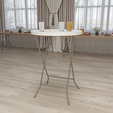 Flash Furniture Round Plastic Bar Height Folding Table, 43-1/2"H x 31-1/2"W x 31-1/2"D, Granite White