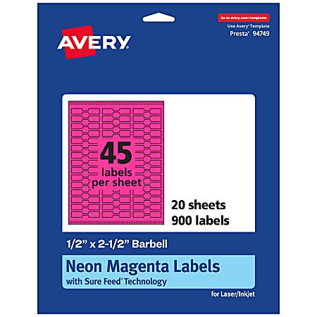 Avery® Printable Labels With Sure Feed® Technology, 94749-NMP20, Barbell, 1/2" x 2-1/2", Matte Neon Magenta, Pack of 900