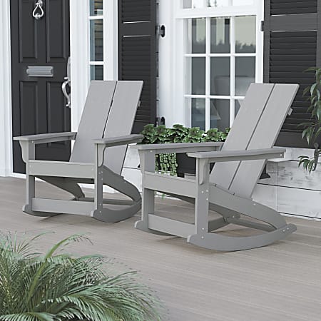 Flash Furniture Finn Modern Commercial Grade All-Weather 2-Slat Poly Resin Rocking Adirondack Chairs, Gray, Set Of 2 Chairs