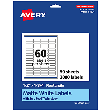 Avery® Permanent Labels With Sure Feed®, 94204-WMP50, Rectangle, 1/2" x 1-3/4", White, Pack Of 3,000