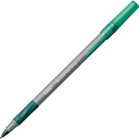 BIC® Round Stic Grip Pen, Medium Point, 1.2mm, Gray/Green, Pack of 12