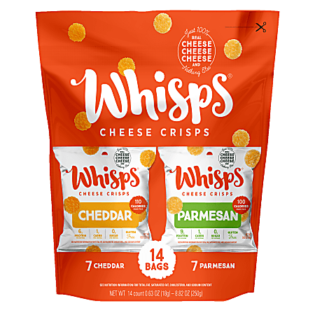 Whisps Gluten-Free Cheese Crisps, Parmesan & Cheddar, 0.63 Oz, Pack Of 14 Bags