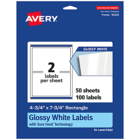 Avery® Glossy Permanent Labels With Sure Feed®, 94255-WGP50, Rectangle, 4-3/4" x 7-3/4", White, Pack Of 100