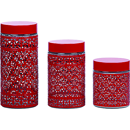 PURELIFE 3 Piece Glass Canister Set - 17.9 fl oz Food Canister, 31.8 fl oz Food Canister, 1.3 quart Food Canister - Glass - Red